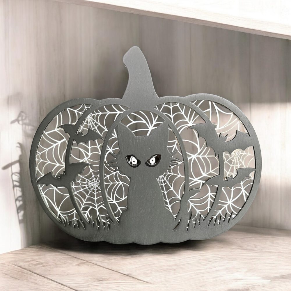 Halloween Pumpkin Black Cat Window Scene
