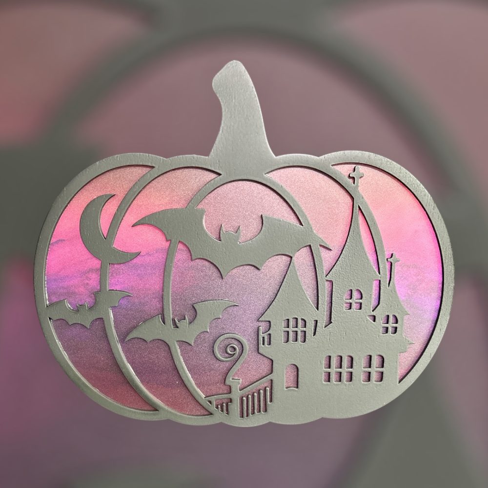Halloween Pumpkin Bats w/ House Window Scene