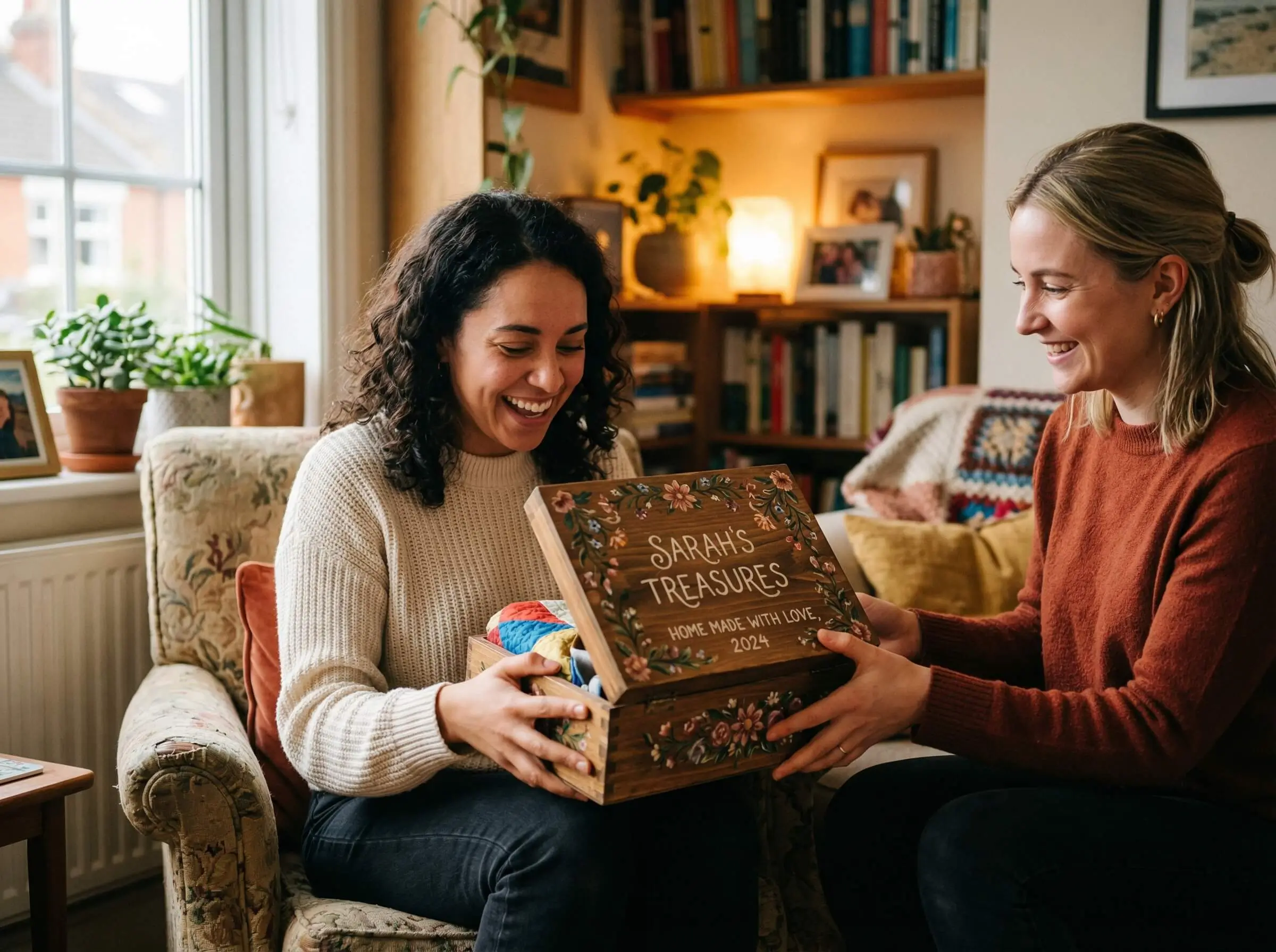 Woman opening an engraved wooden keepsake box