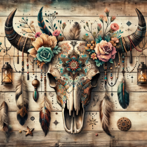 Cow Skull with Flowers and Lanterns