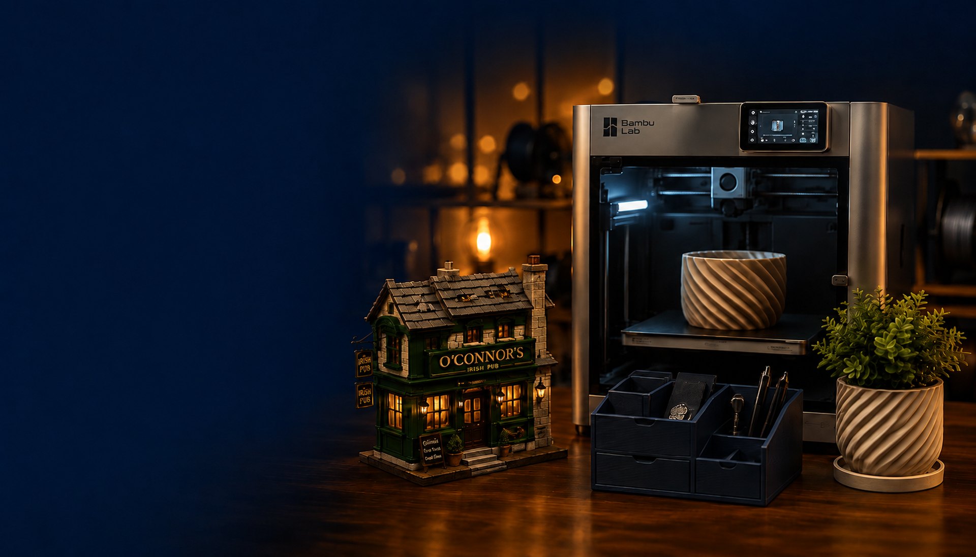 3D printer beside printed houses and planters