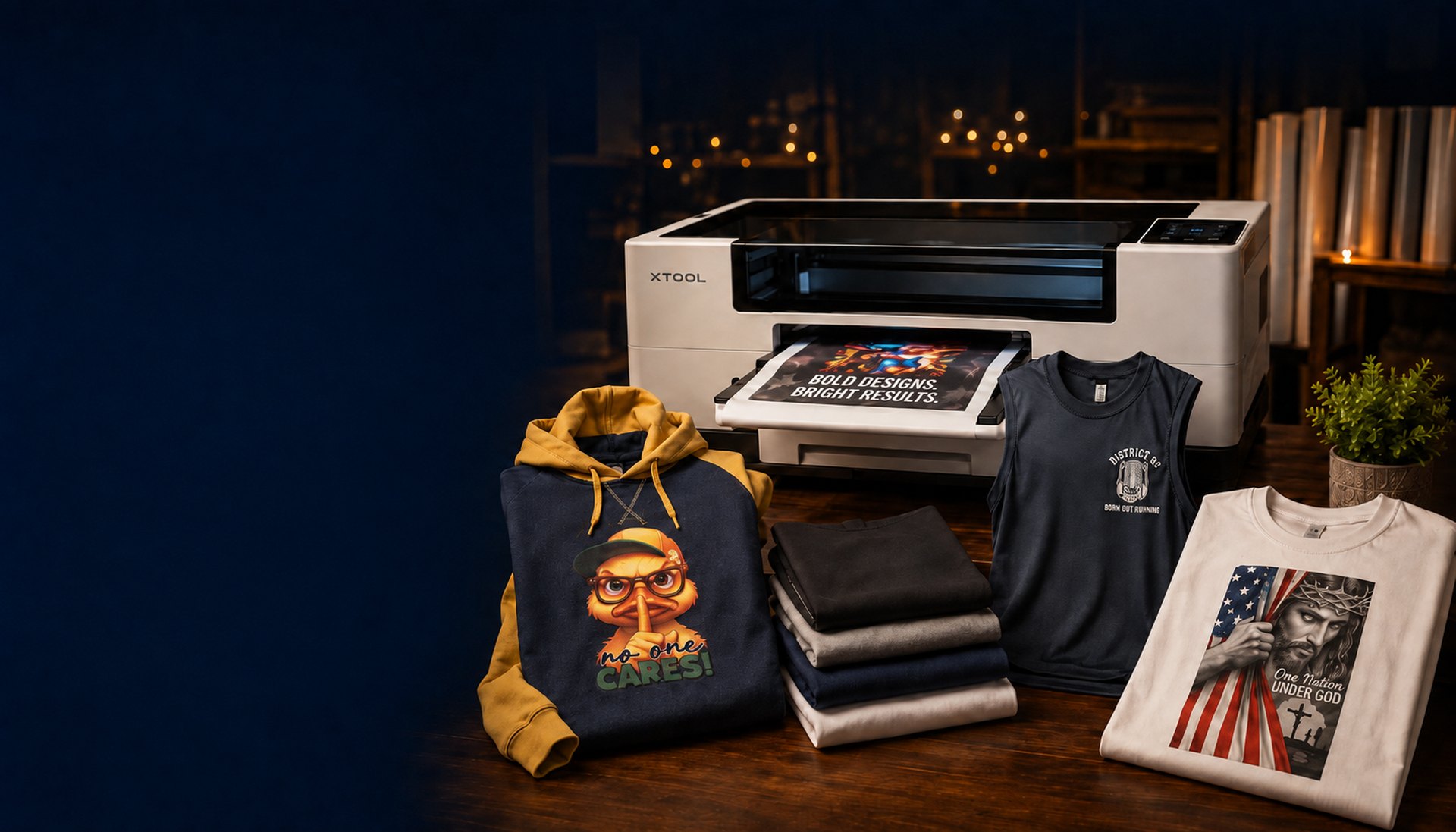 DTF printer with printed hoodies and tees