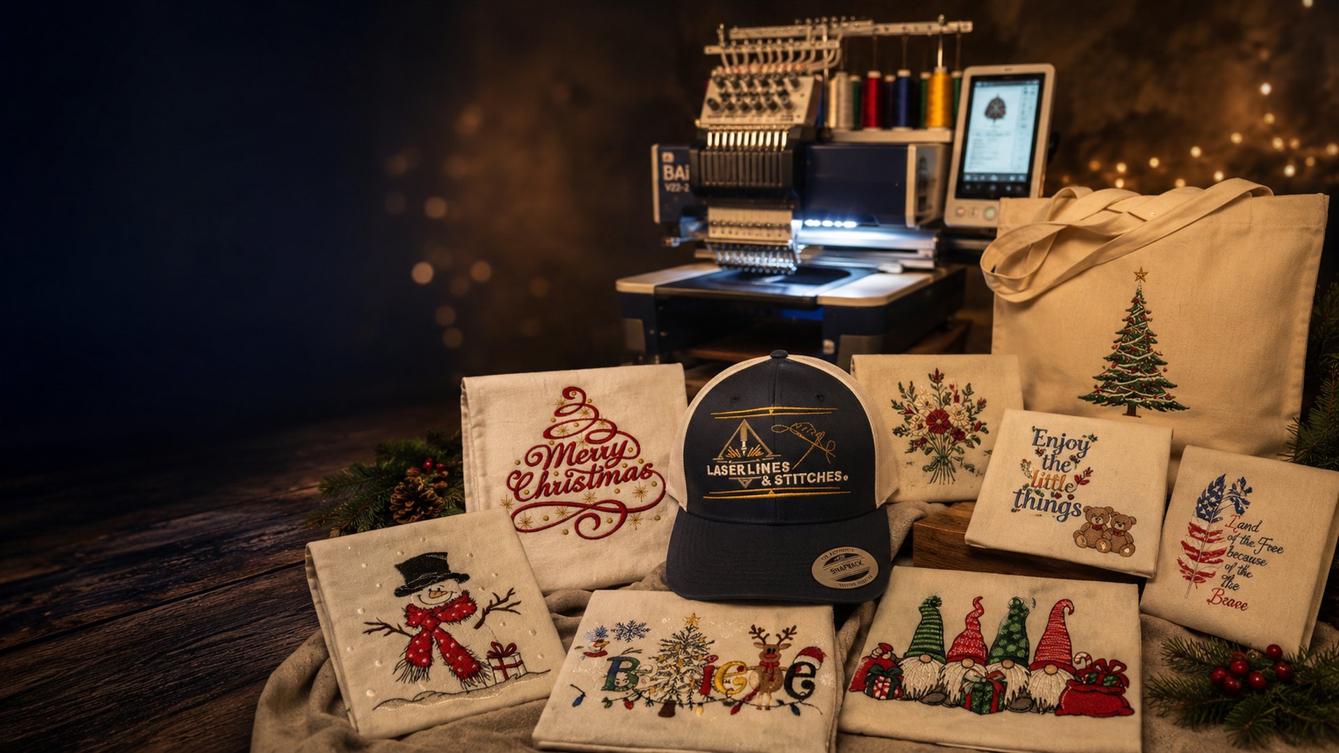 Embroidered Christmas designs on towels, hats and totes