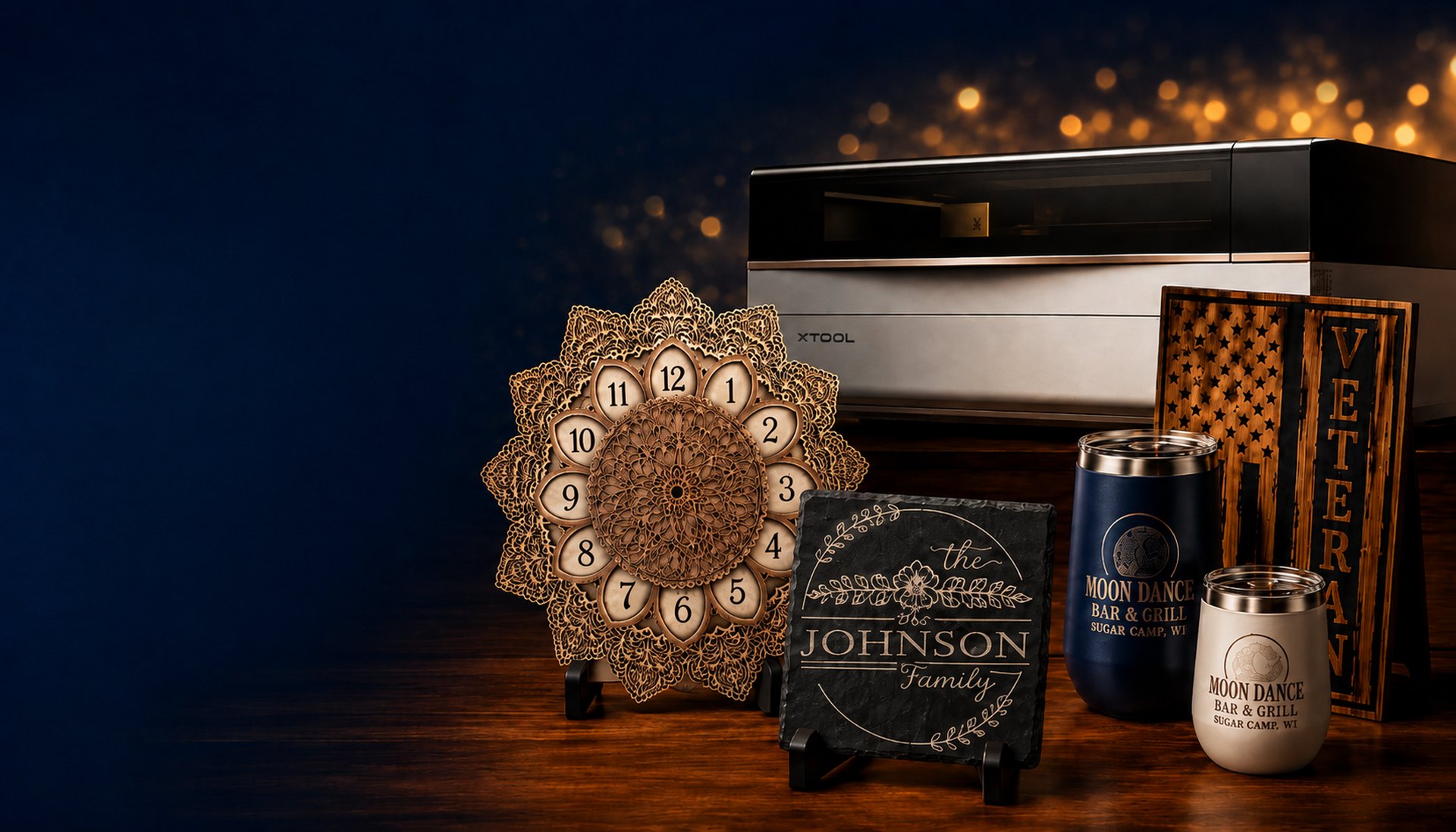 Laser-engraved wood mandala, slate sign and tumbler