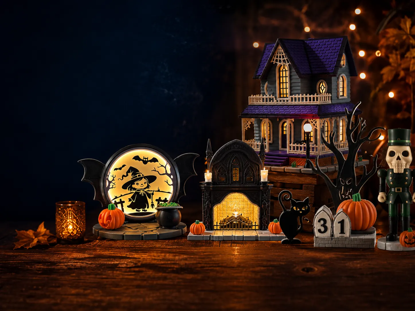 3D-printed Halloween tabletop village with candles and pumpkins